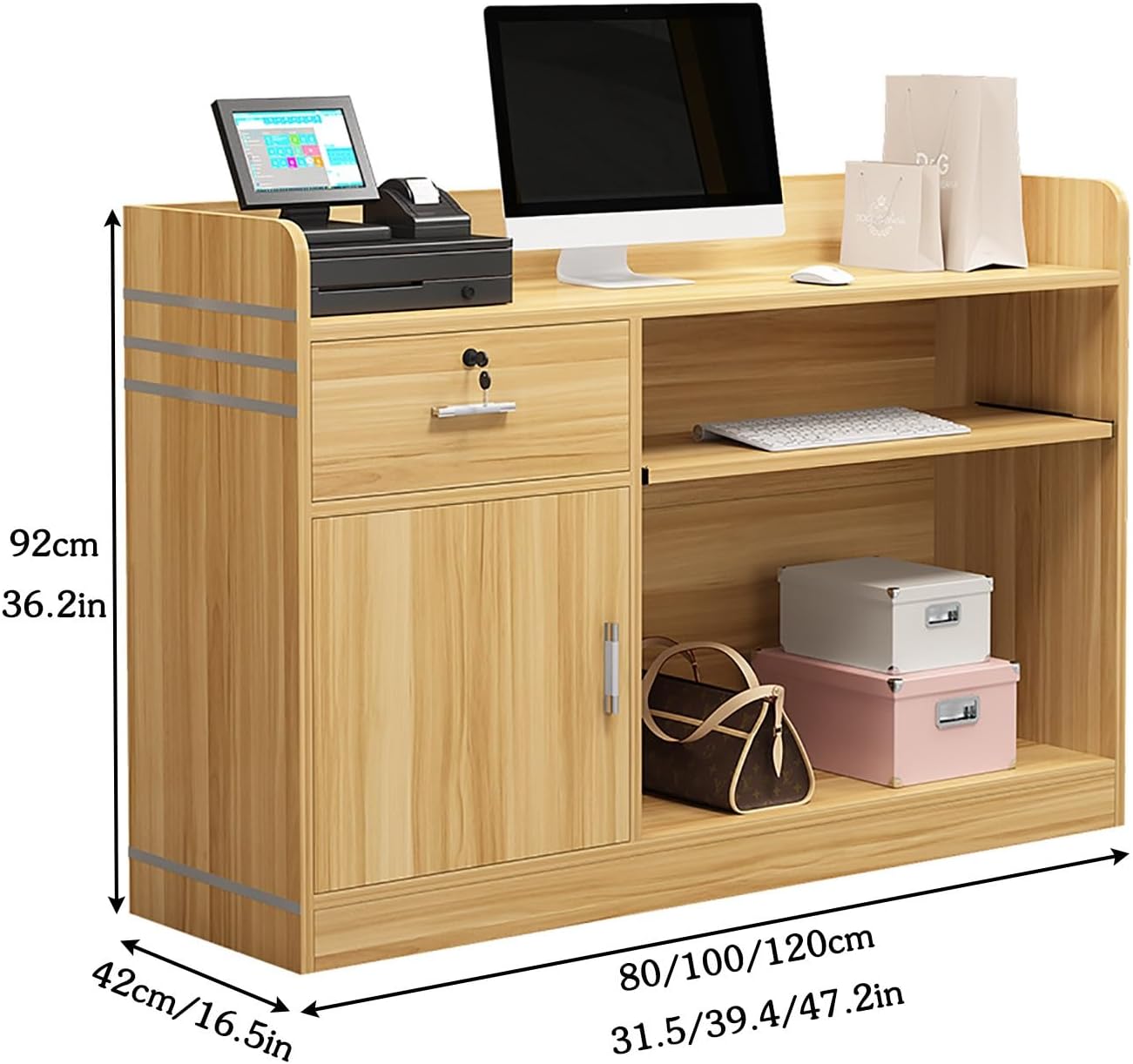 Modern Reception Desk With Lockable Drawer Small Wooden Reception Desk With Storage Cabinet Reception Counter Desk With Keyboard Tray Front Desk With Private Panels Reception Counter For Salon Lobby C