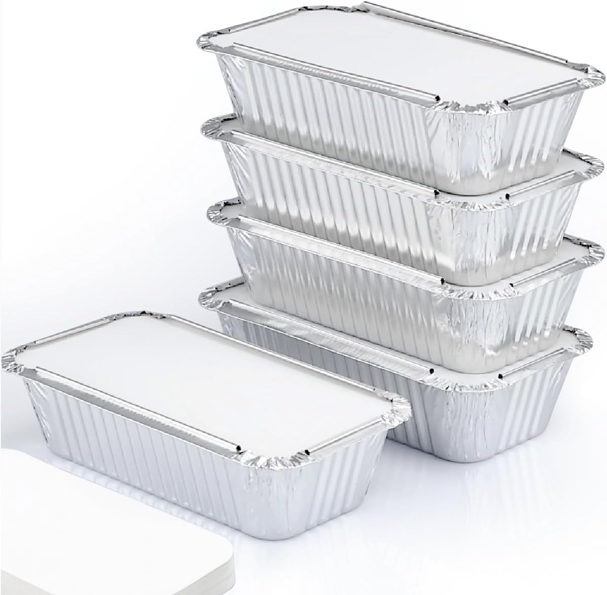 ReadySteadyServe Pack of 50 Aluminium Tin Foil Food Trays with Lids | 20.5x11x5.5cm | Silver Takeout Container Pans Takeaway, Sides, Events, BBQ, Parties โ image 1