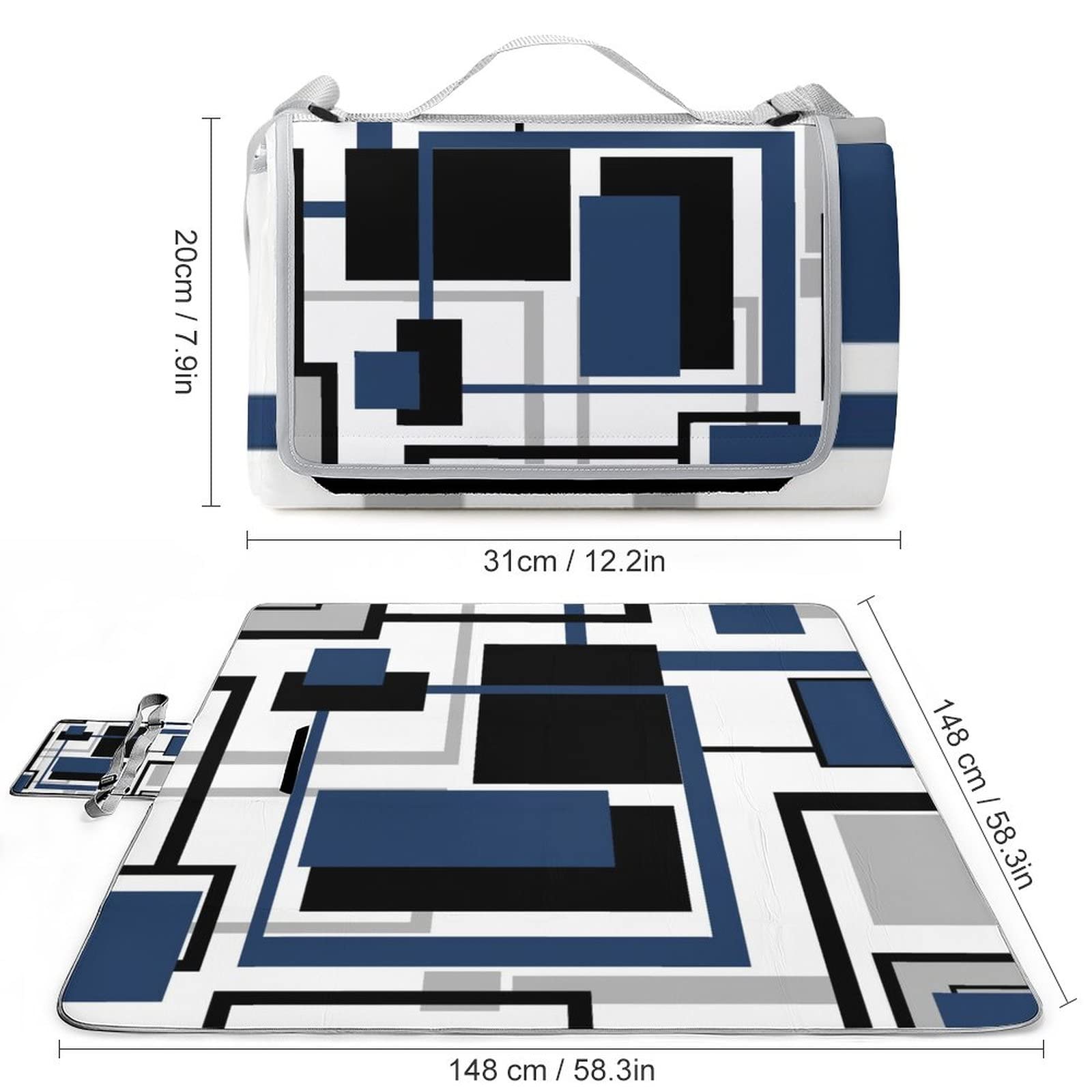 Kazynee Black Grey Blue Modern Beach Picnic Blanket Abstract Art Geometric Plaid Mid Mid Center for Outdoor Picnics, Beach, Camping 58.3x58.3 Inch