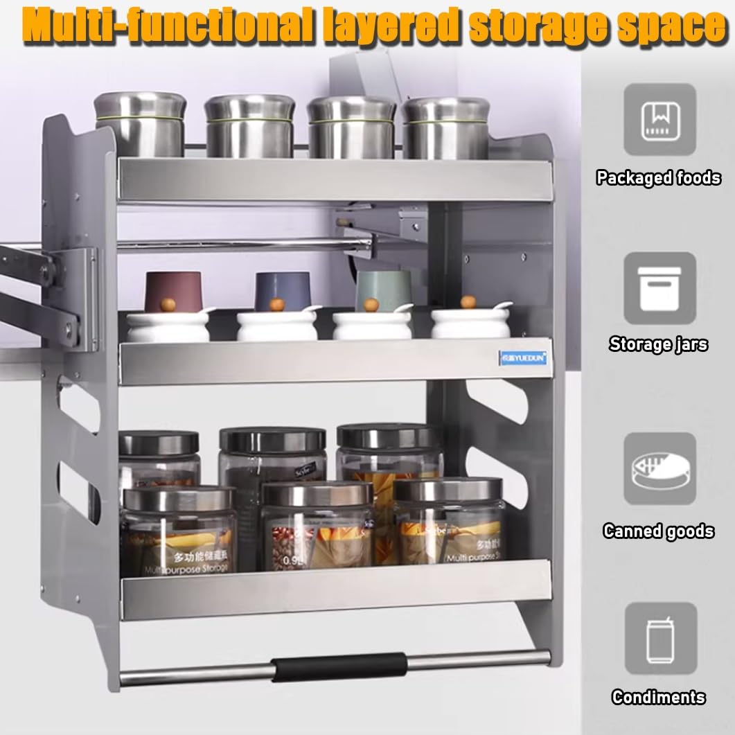 Organizer estraibile per armadietti, scaffale a 3 ripiani per mobili da cucina superiori, cestino salvaspazio per sollevare la mensola della cucina
