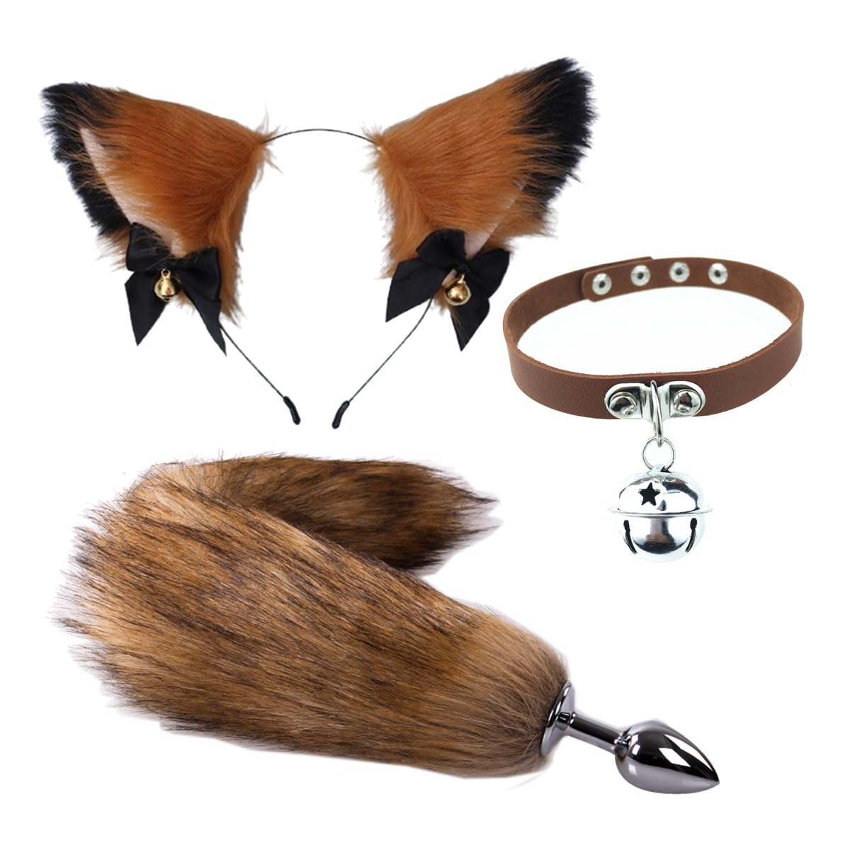 Brown Cat Ears Wolf Fox Animal Anal Tail Leather Neck Chocker Set Anime Cosplay Costume Faux Fur Hair Clip Headdress Party 3P