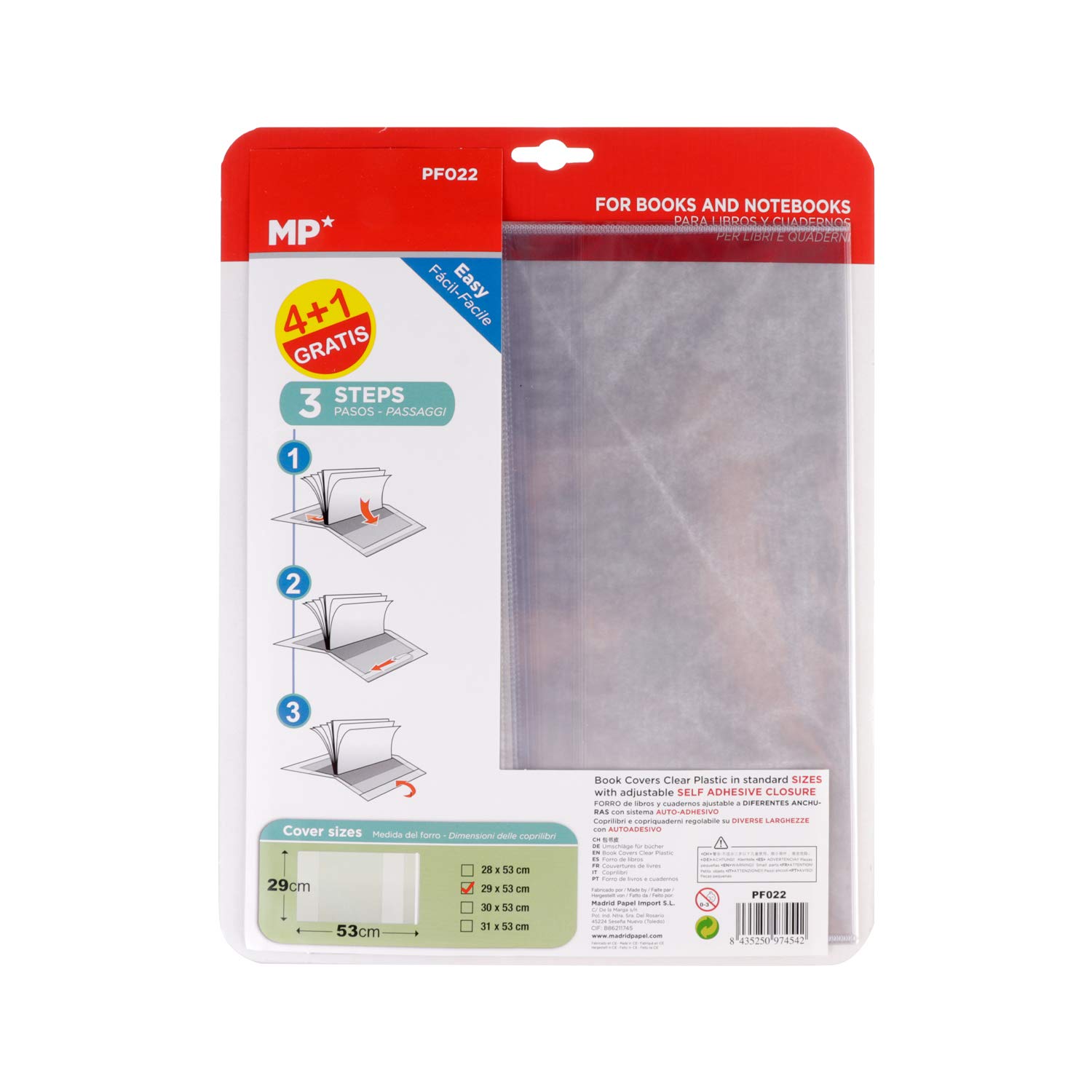 MP – Pack 5 Unidades, Forro Libros Transparente, Autoadhesivo, con Solapa Ajustable a Diferentes Anchuras, Forro de Libros Fácil de Colocar, Protector de Libros y Cuadernos, Medidas 29x53cm