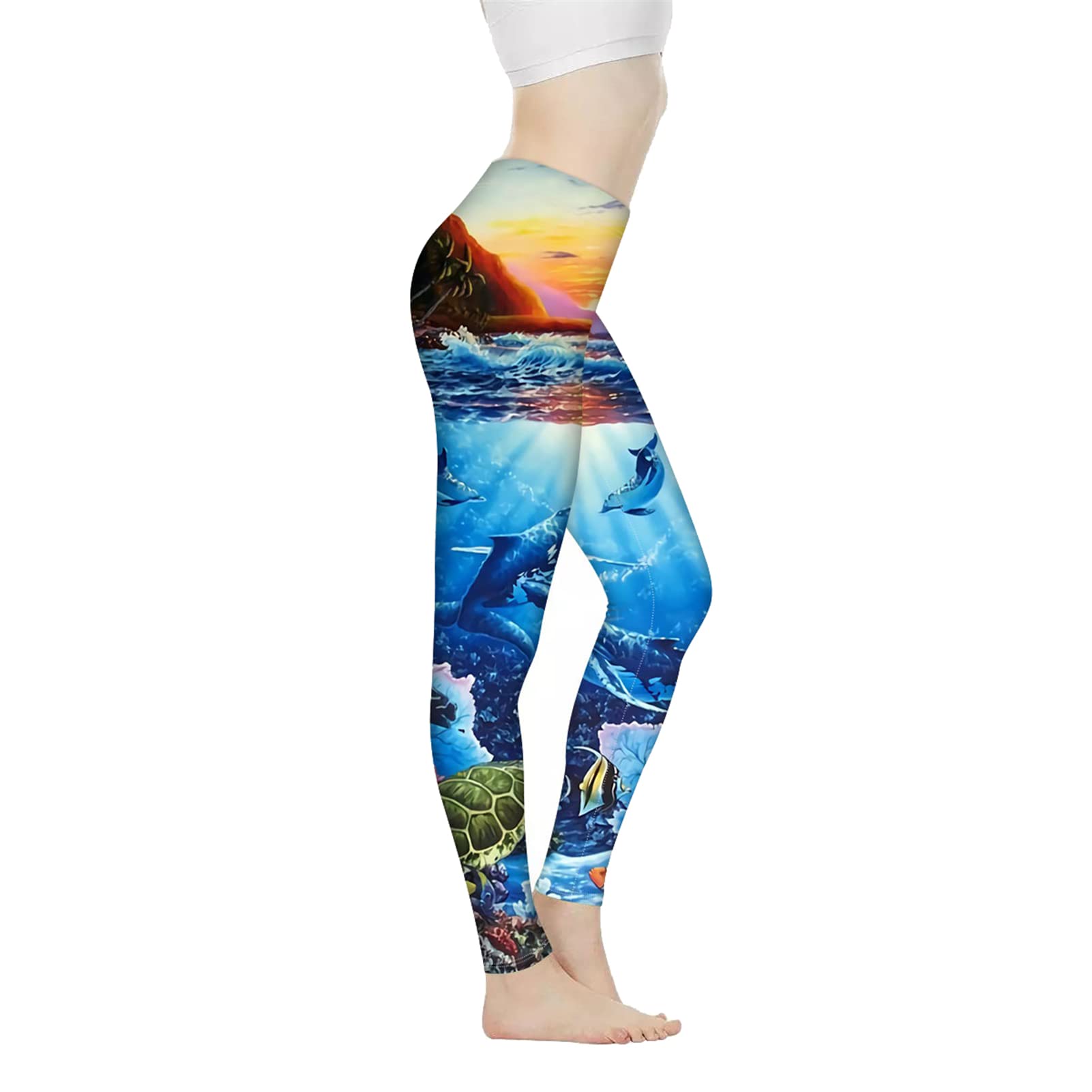 Biyejit Damskie legginsy z wysokim stanem kontrola brzucha spodnie do jogi trening legginsy do biegania XS-3XL, Ocean Life, XS