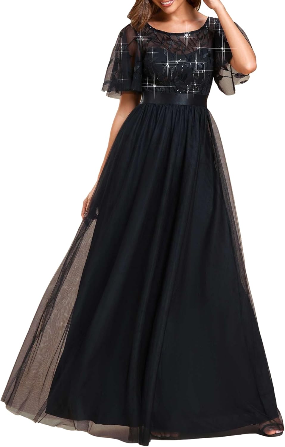 Ever-Pretty Sequin Formal Prom Dresses for Women Ruffle Sleeves Empire Waist A-Line Long Mother of Bride Dress 00904