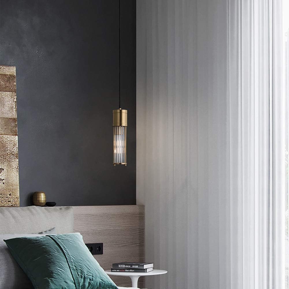 Linear Mini Crystal Glass Column Chandelier with Vintage Polished Brass Frame Modern Kitchen Island Pendant Light Hanging Geometric Ceiling Light Fixtures,Copper,1-Light