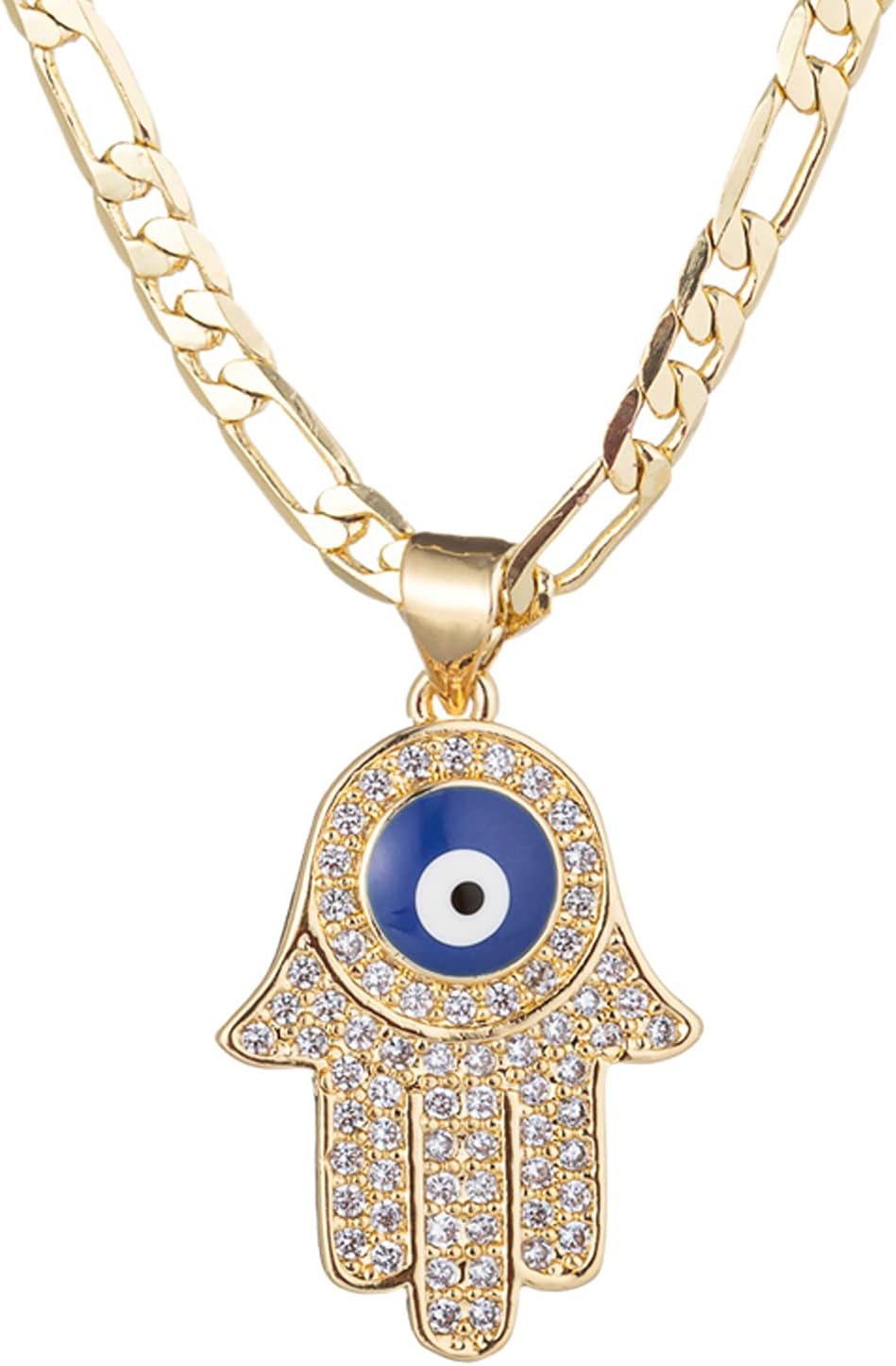 14K Gold Plated Evil Eye Hamsa Hand Necklace for Women Men | Gold Cubic Zirconia Inlay Evil Eye Pendant Necklace | 3mm Figaro Chain Necklace 18/22 inches