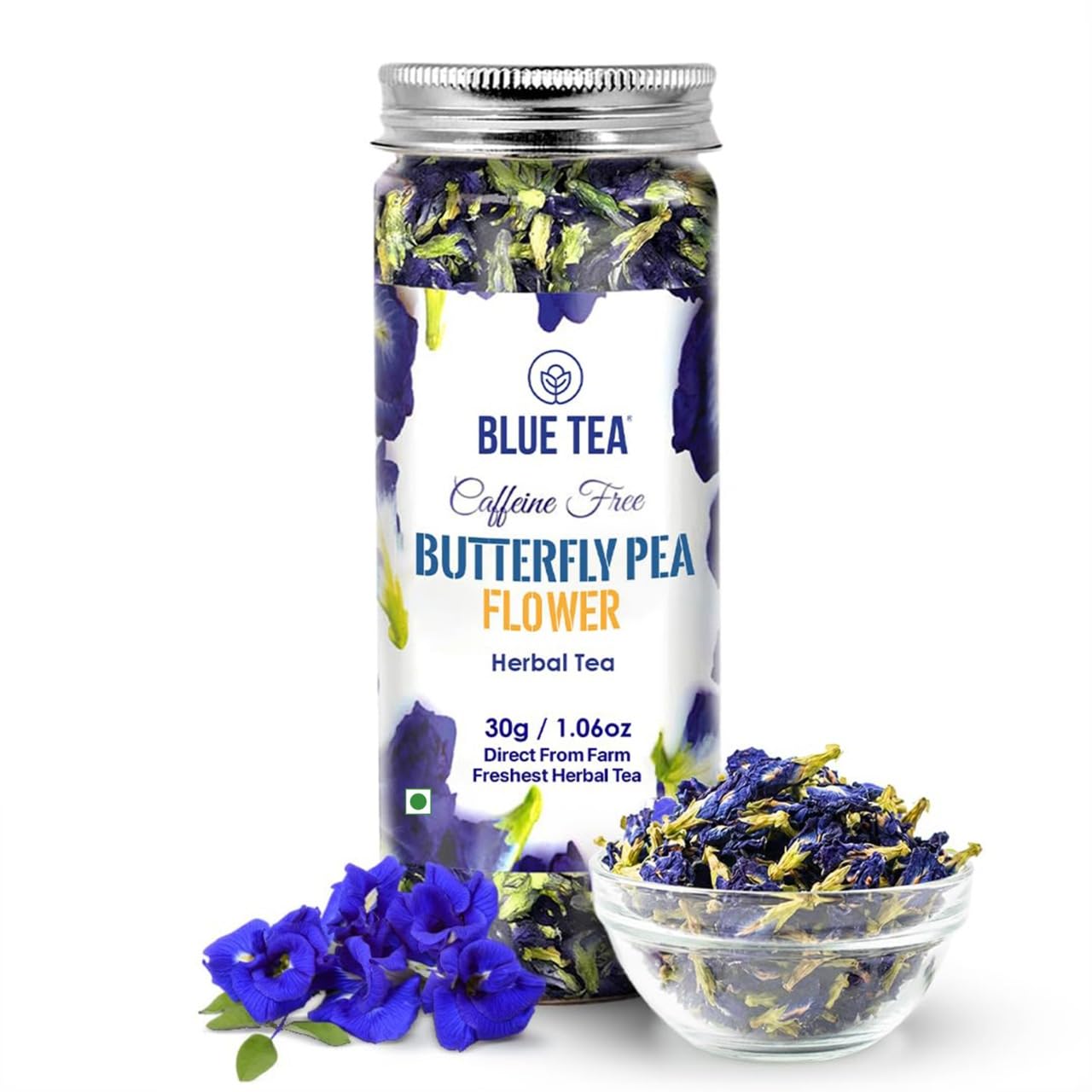 BLUE TEA - Butterfly Pea Flower Tea - 30gm - 60+ Cups | SUPER ANTIOXIDANT | Caffeine Free || Aparajita - Shankhpushpi || Flower Based - Herbal Tea | Reusable Pet Jar