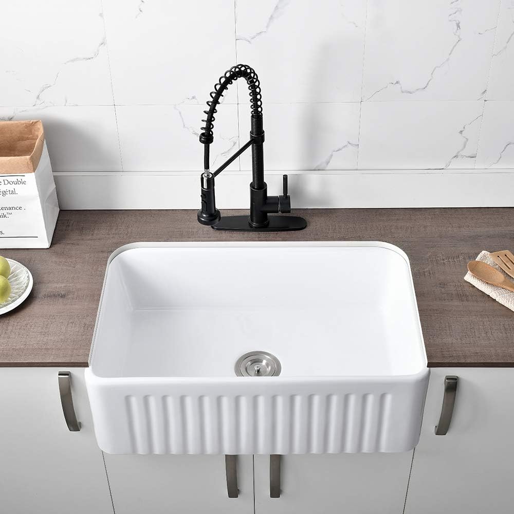 30 Inch White Fireclay Farmhouse Sink-Bokaiya 30x18 Farm House Apron Front Porcelain Ceramic Deep Single Bowl White Kitchen Sink with Dish Rack