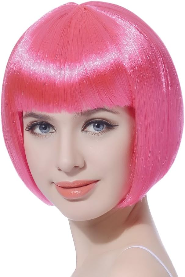 - FREE BEAUTY Pink Short Bob Cosplay Flapper Wig-Straight Synthetic Women's Natural Looking Halloween Party Christmas Bangs Costume Wigs
