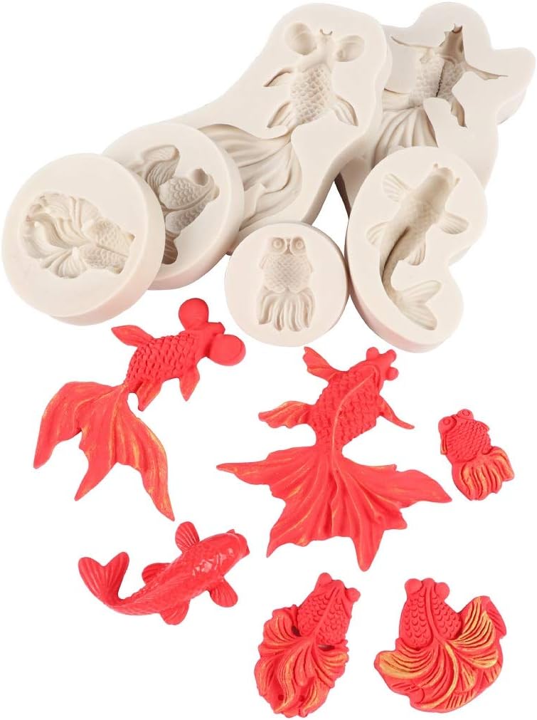 Allinlove 6 Pack Marine Theme Fondant Silicone Mold Koi Goldfish DIY Pendant Silicone Resin Mold Jewelry Making Molds Fish Epoxy Charms Craft Mould Mermaid Theme Party Cake Decoration Baking Tools