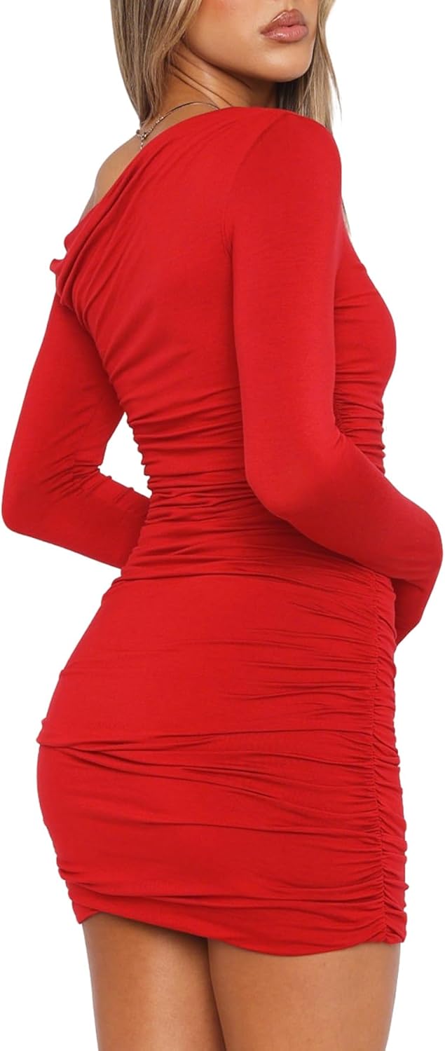 Women's Off The Shoulder Sexy Bodycon Long Sleeve Ruched Party Club Mini Dress - Image 2