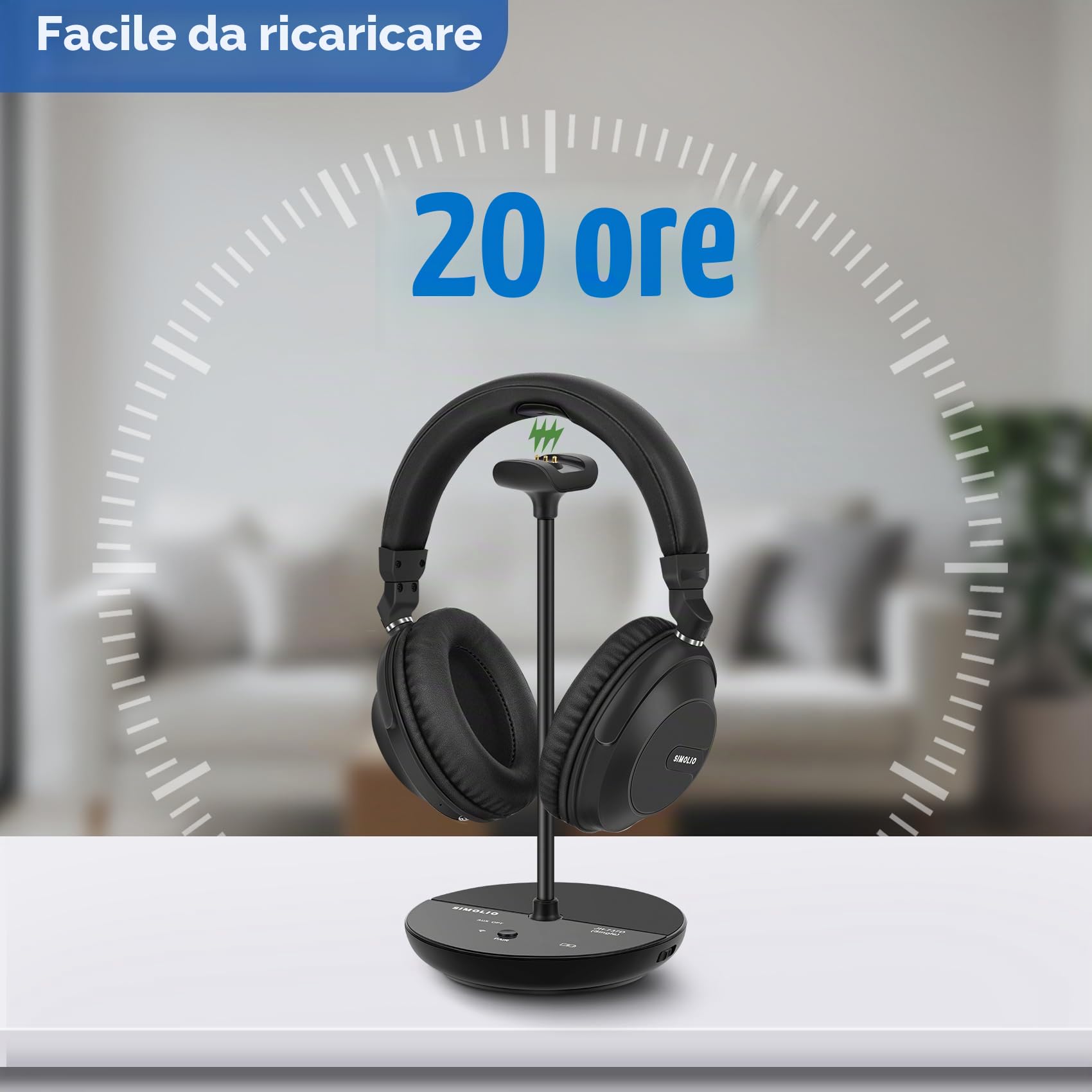 SIMOLIO Cuffie Wireless per TV, Cuffie per TV Senza Fili con Cinema e Dialog Modalità per Anziani, Bluetooth O Con Uscita Ottica Digitale/RCA/3.5mm, Nessuna latenza, 737D