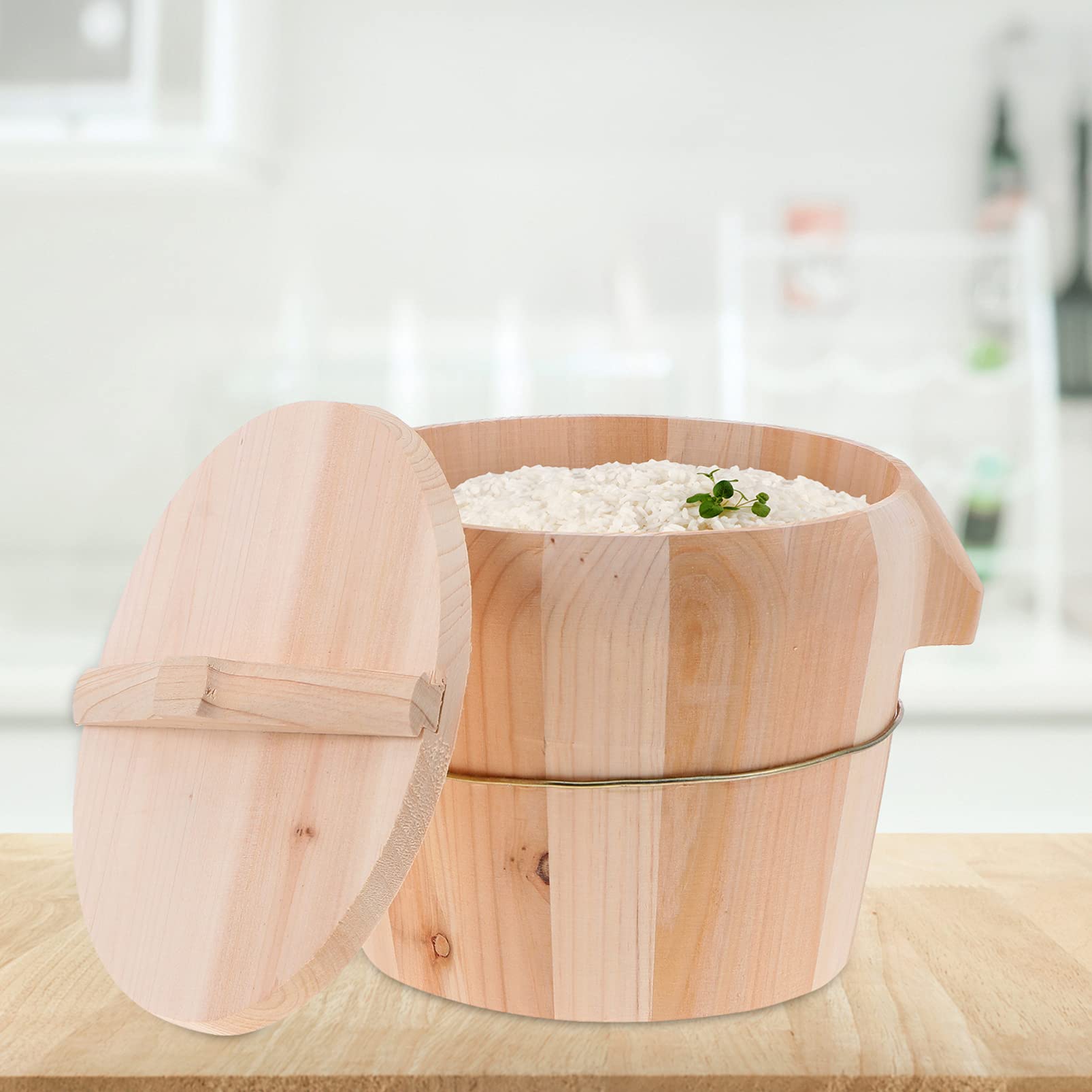 OUNONA Secchio per Riso al Vapore in Legno di Cedro Beige con Manico Laterale e Coperchio, Design Anti-scottatura e Fondo Mobile per Cucina Domestica