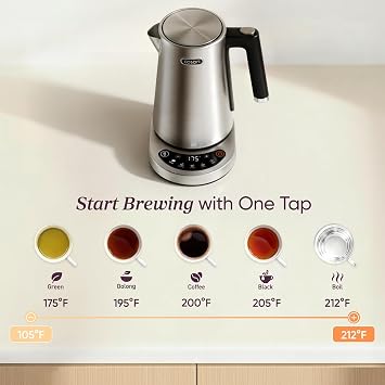Cosori Stainless Steel Electric Kettle with Temperature Control, 1.7L | No Plastic Contact with Water, 5 Presets, 5F Temp Control, 60-Min Keep Warm, Dual Lid Opening, Tea, Coffee & Hot Water