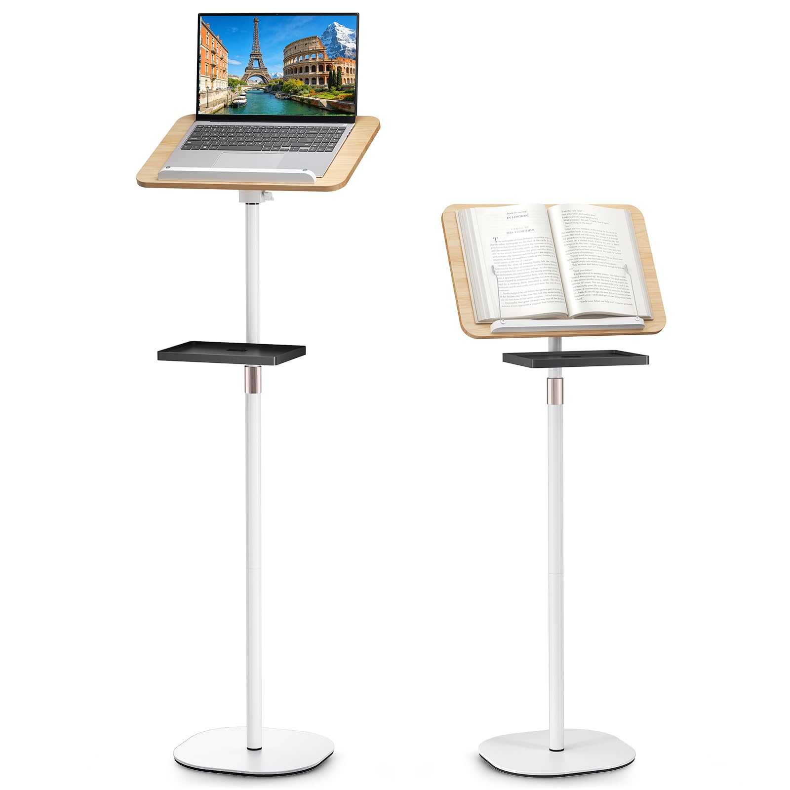 Leggio da pavimento 2 in 1, leggio per musica con vassoio rimovibile, altezza regolabile da 50 a 130 cm, supporto per lettura e lettura per laptop, supporto pieghevole con clip per pagine per libri di
