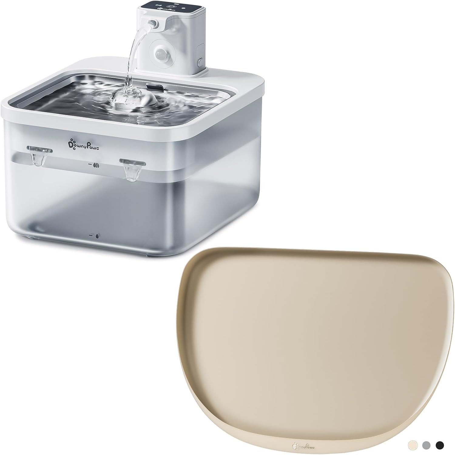 DownyPaws 2.5L Battery Operated Cat Water Fountain Stainless Steel White and Pet Feeding Mat with High Raised Edge, Cat Placemat for Messy Drinkers, 18"×12.5", Almond