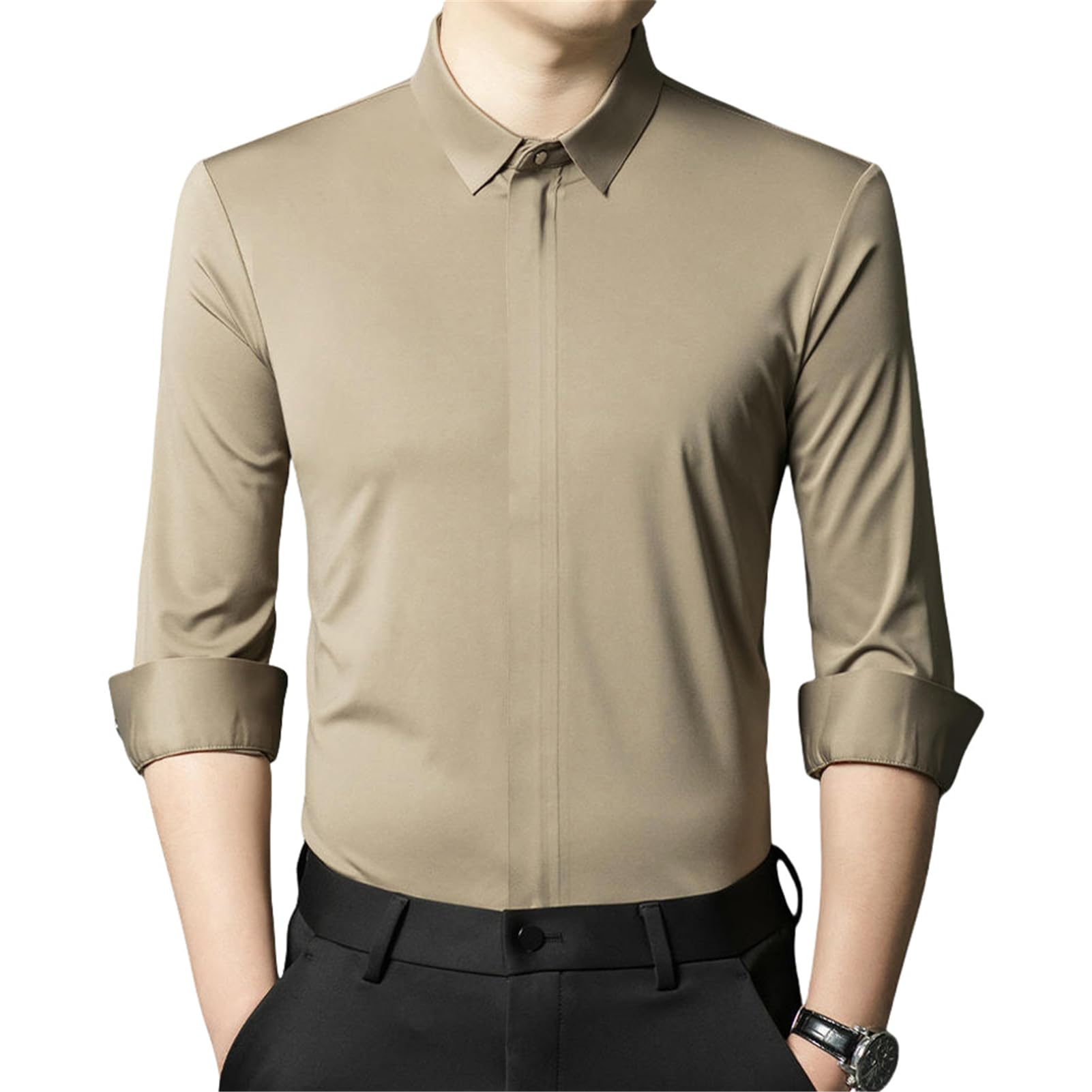 Camisa de manga larga para hombre, para primavera, otoño, seda, elástica, oculta, solapa, color liso, para negocios, informal, de negocios