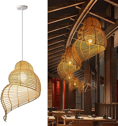 Miniatura 8 de Lámpara colgante retro de caracola, tejida a mano, tejido de ratán de bambú E26, lámpara colgante retro japonesa de mimbre, pantalla para