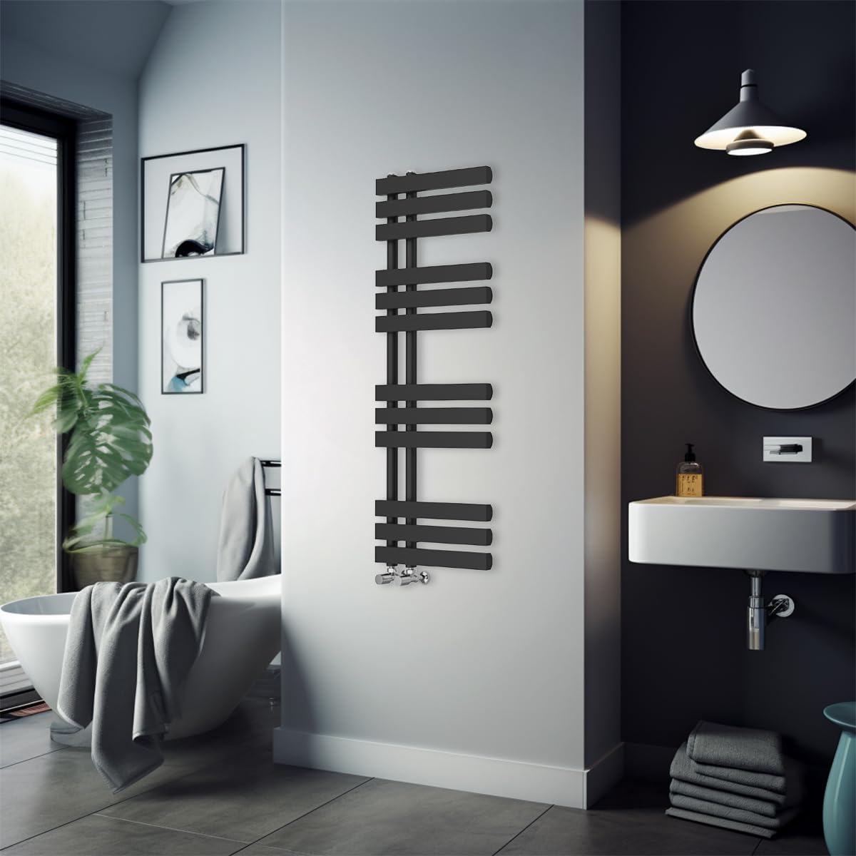 Warmehaus 1200 x 450mm Black Flat Designer Heated Towel Rail Radiator - Best for any Bathroom & Kitchen - D Shape Bars