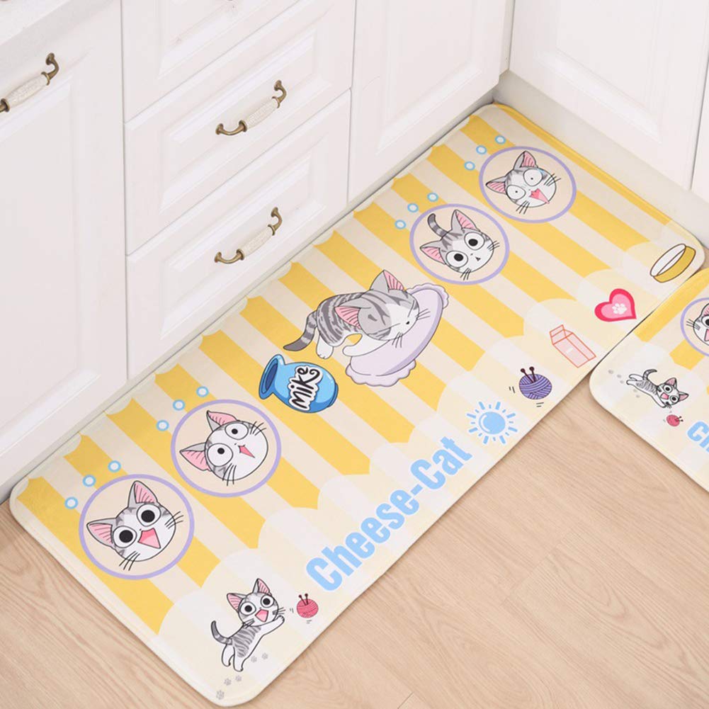Tapis De Bain Antidérapant pour Enfants Tapis De Cuisine Devant Evier Velours Corail Lavables Longs Paillasson Chat Mignon De Chambre d'enfants, Jaune