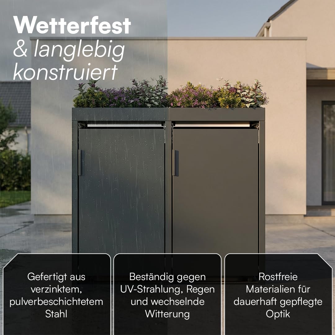 STEELSØN Thoria Mülltonnenbox 2er bis 240L mit Pflanzendach – Mülltonnenverkleidung aus Stahl für 2 Tonnen – Müllcontainer in Anthrazit – Müllbox mit Pflanzenkasten – Gerätebox 125x80x134 cm (HxTxB)