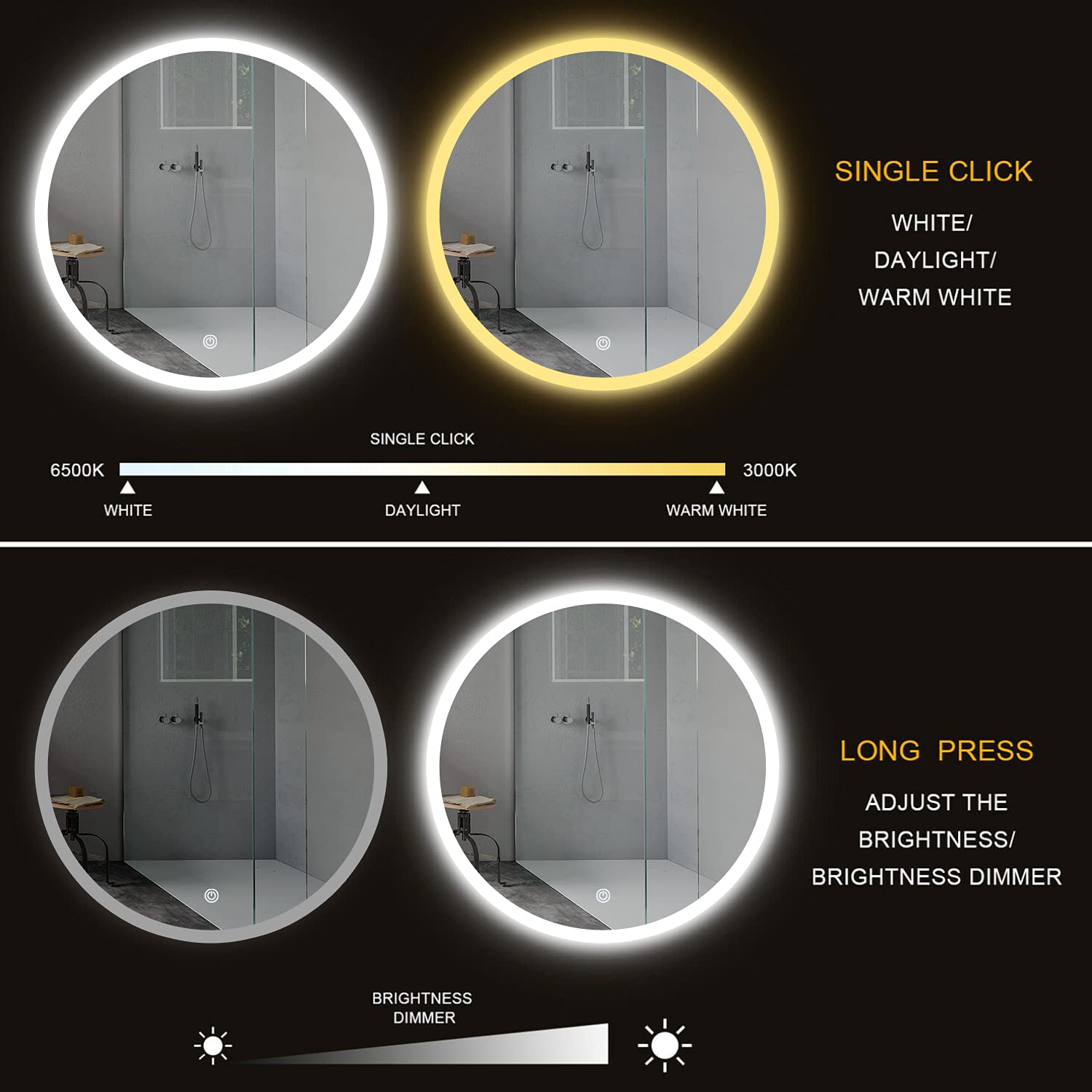 Buy S·BAGNO Round 28" Bathroom Led Mirror with Lights 3 Color Dimmable
