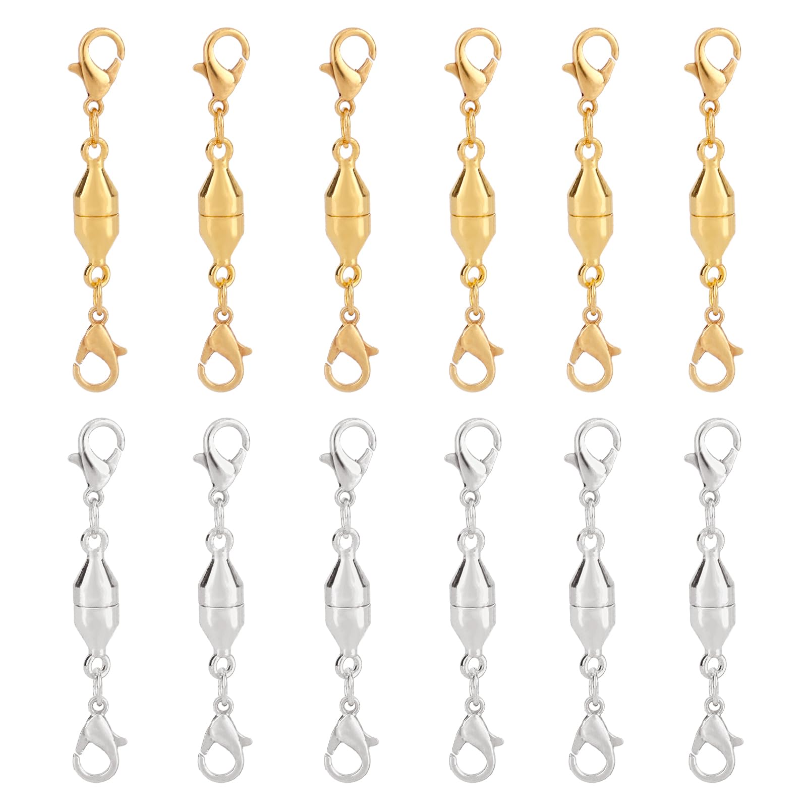 12pcs Magnetic Necklace Clasps and Closures, Magnetic Jewellery Extenders Necklace Magnet Fasteners with Double Lobster Clasp for DIY Bracelet Jewelry Making (Gold & Silver)