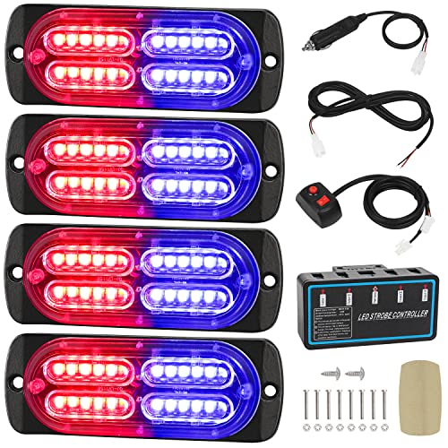 LINKITOM 4pcs Ultra Slim Sync Feature 24-LED Car Truck Surface Mount Emergency Hazard Warning Strobe light (Red&Blue)
