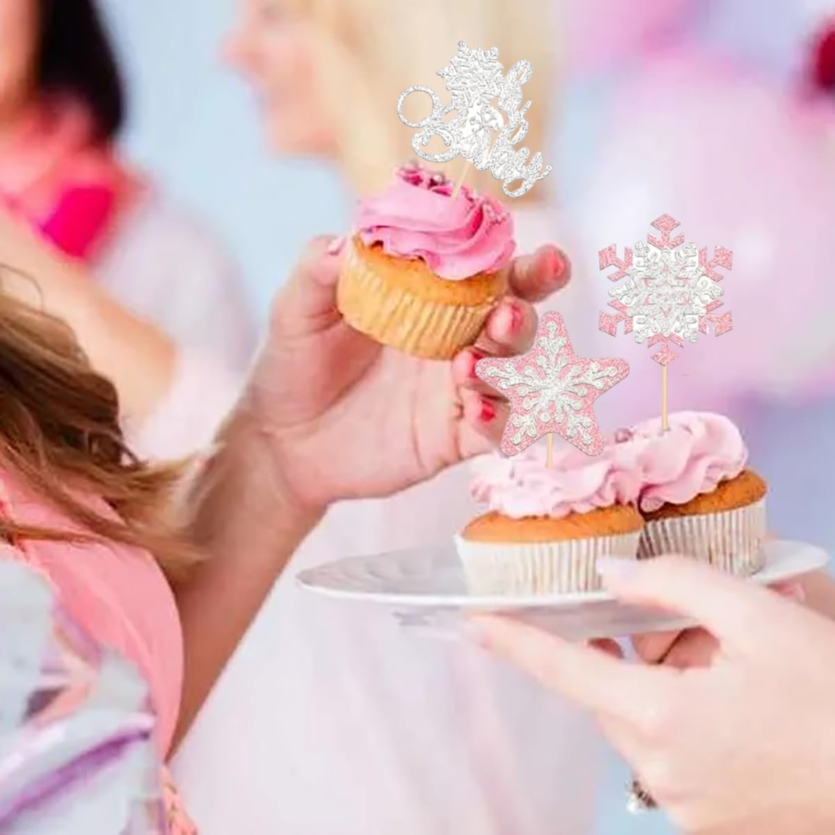 Snowflake Cupcake Toppers, 24 Pack Glitter Winter Frozen Theme Cupcake Picks for Birthday Party, Baby Shower, Christmas Decorations - Image 2