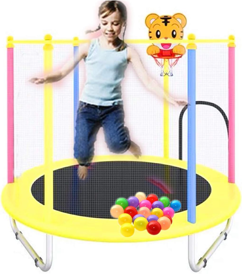55" Trampoline with Net, 5 ft Indoor Outdoor rampoline with Safety Enclosure for Fun,with Seaballs,Basketball Hoop, Small Trampoline Birthday Gifts for Boys and Girls