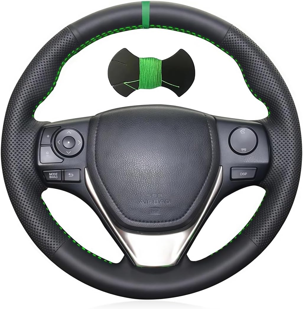 Hand-stitched Black Artificial leather Steering Wheel Cover For Toyota RAV4 2013-2019 / Corolla 2014-2019 / Corolla iM (US) 2017-2018 / Auris 2013-2016 (Green line, green mark)