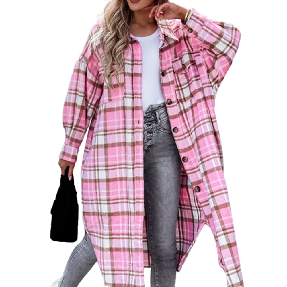 FrobukioWomens Casual Plaid Wool Blend Jacket Baggy Lapel Button Down Long Sleeve Checked Shirt Coat Flannel Shackets