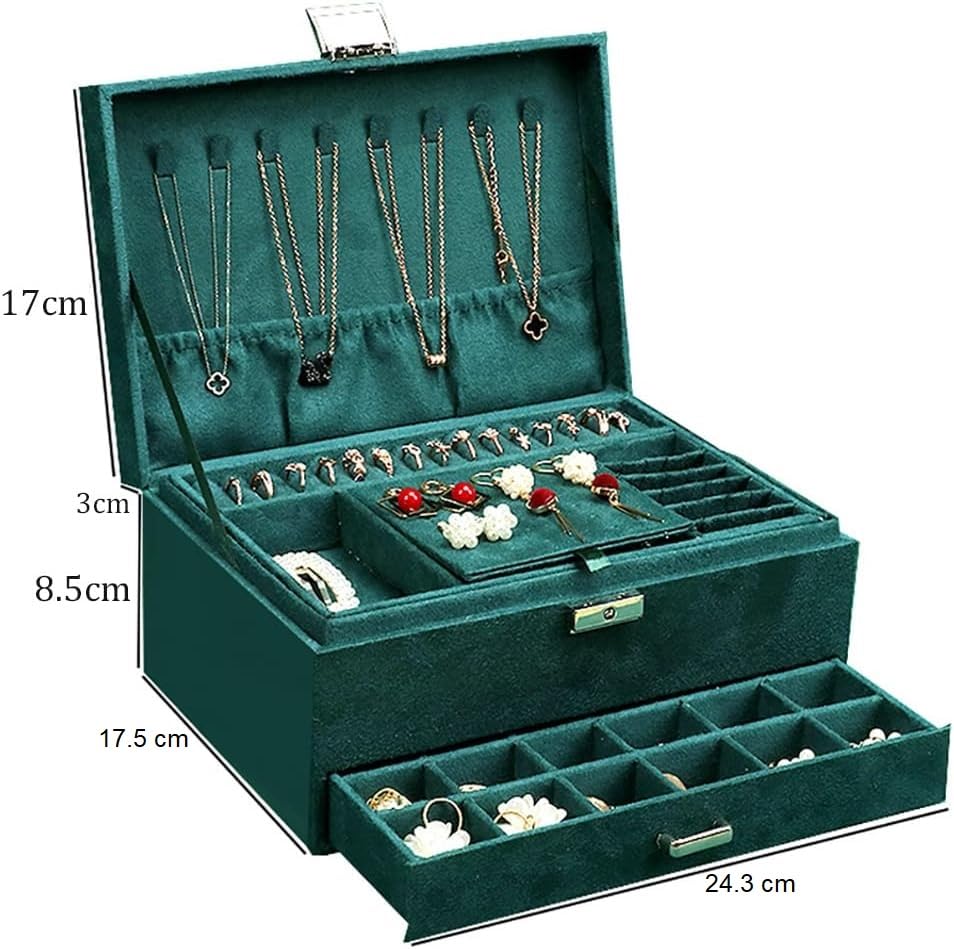 Image of BucketList 3 Layers Velvet Jewelry Organizer Storage Box Women's Velvet Ring Earrings Jewelry Display Case for Earrings, Bracelets, Rings, Necklace (3 Layer with Lock Green Box)