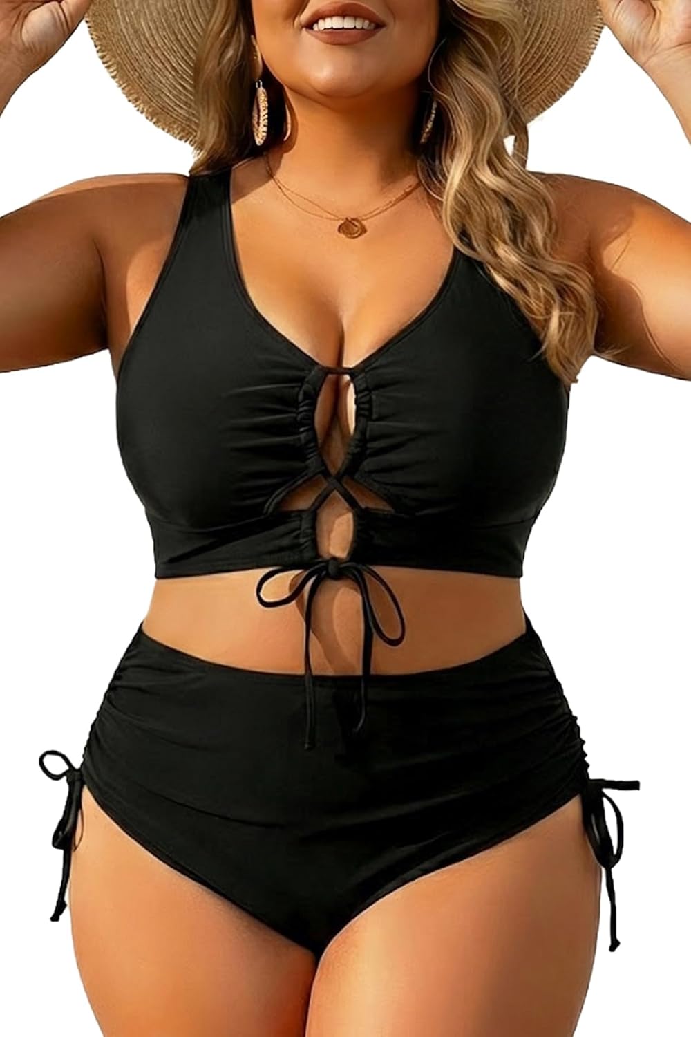 Women Plus Size Two Piece Swimsuit - Tummy Control Bikini Sexy Lace Up Bathing Suits Cutout Swimwear 2025