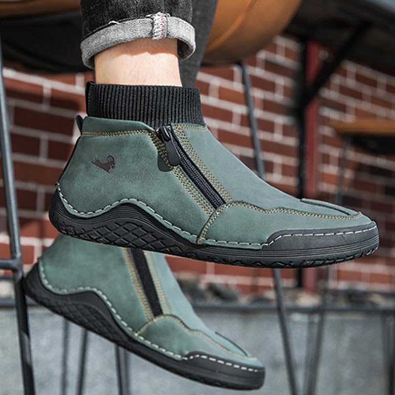 RiceelSor Men's Leather Sock High Top Loafers Hand-Stitching Side Zipper Fully Fur Lined Warm Comfort Driving Ankle Chukka Boots Non-Slip Dress Shoe2