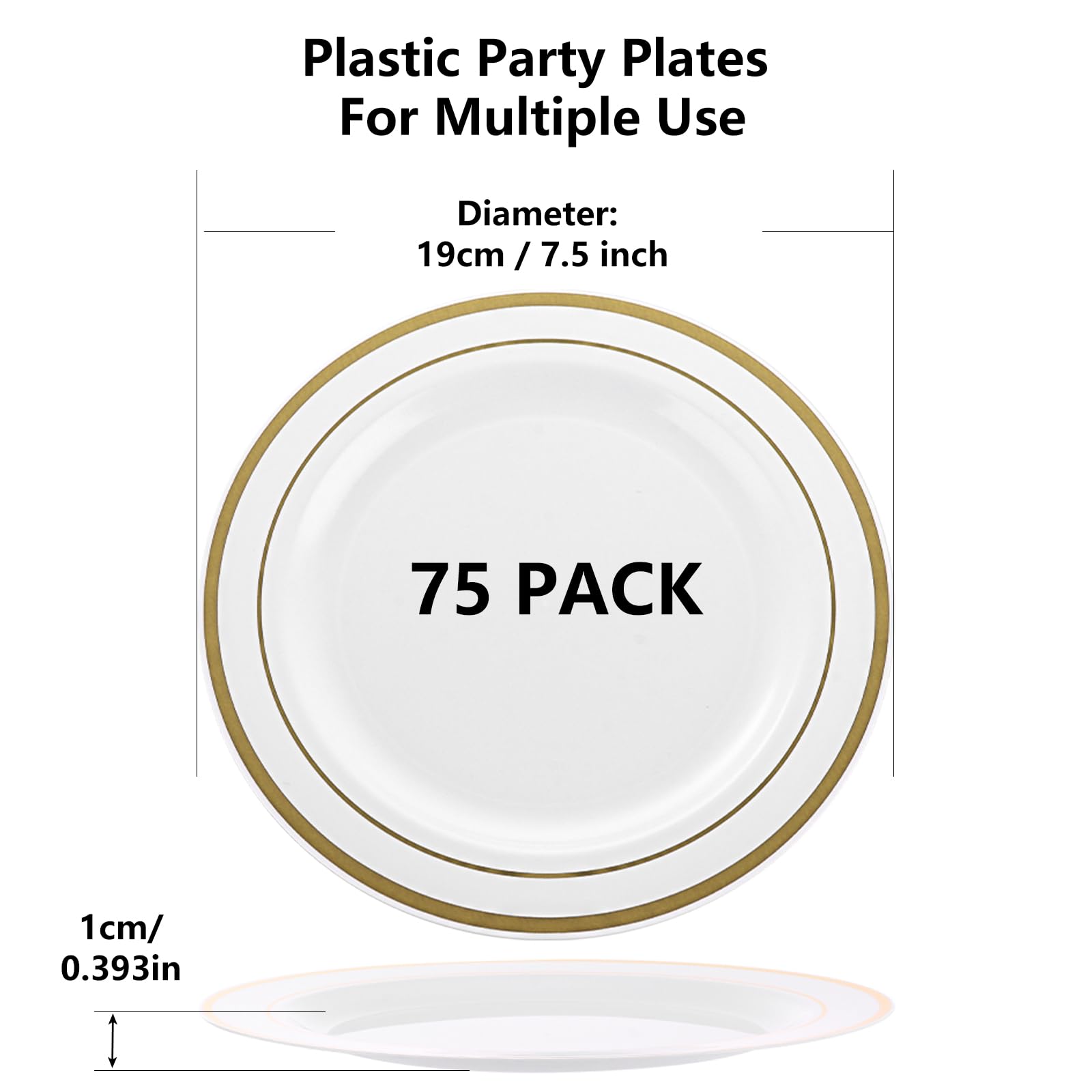 SENENQU Lot de 75 assiettes en plastique réutilisables de 19 cm avec bord doré - Assiettes incassables pour mariage, fête d'anniversaire, restauration