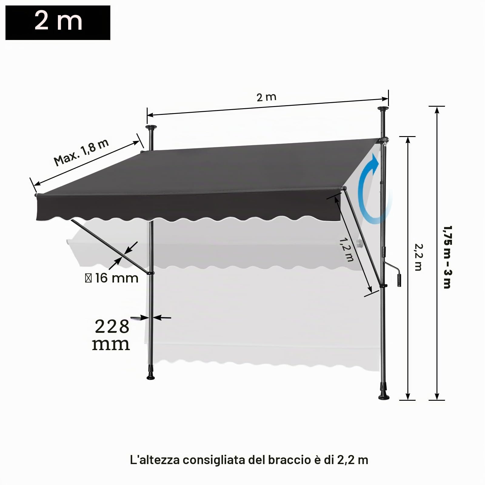 LZQ - Tenda da sole a clip per balcone, tenda retrattile manuale, manovella, regolabile in altezza, resistente ai raggi UV, senza fori, 100% poliestere, grigio scuro, 200 x 120 cm