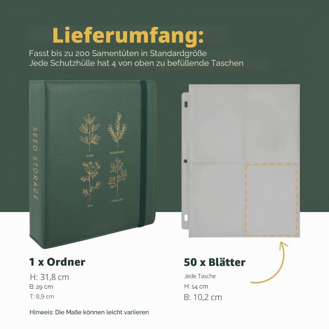 Saatgutaufbewahrungsordner – Samenpaket-Organizer mit 50 Blattschutzfolien, die 200 Samenumschläge aufbewahren können. Samenaufbewahrungsbinder liefert komplettes Saatgutspar-Set für jeden