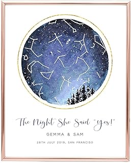 Watercolour Star Map Print, Unframed, Personalised Engagement Gifts for Couples, Blue Constellation Wall Map, Custom Night Sky Map Poster, Customised by Date, Time & Location