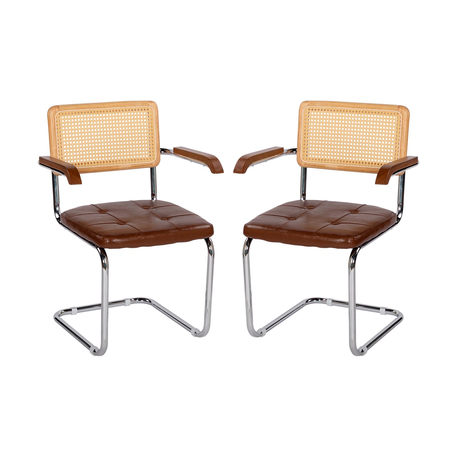 EGGREE Pack de 2 Sillas de Comedor de Ratán con Reposabrazos y Estructura de Hierro Galvanizado, Sillas Tapizadas en PU para Salas de Reuniones, Oficinas y Comedores, G02-Marrón