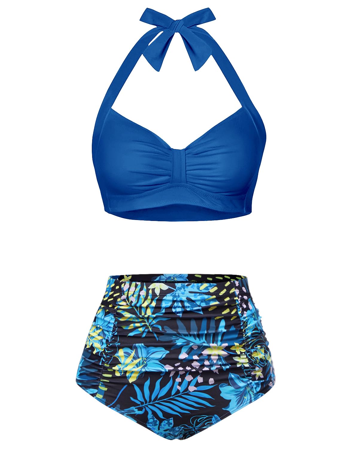 Holipick Women's High Waisted Halter Bikini Set, Blue Floral, Large, Tummy Control