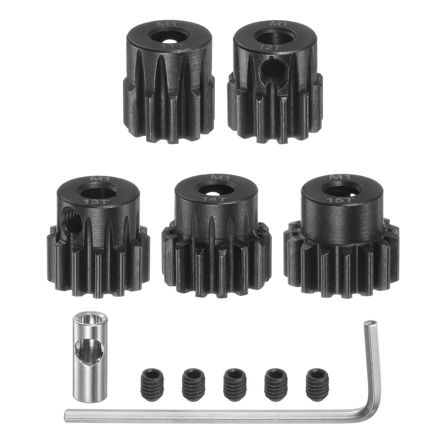 uxcell M1 Mod1 Pinion Gear Set 5mm Shaft 11T 12T 13T 14T 15T Motor Gears Hardened Steel Pinion Gear with 3.17mm Coupler for RC Car (5pcs)