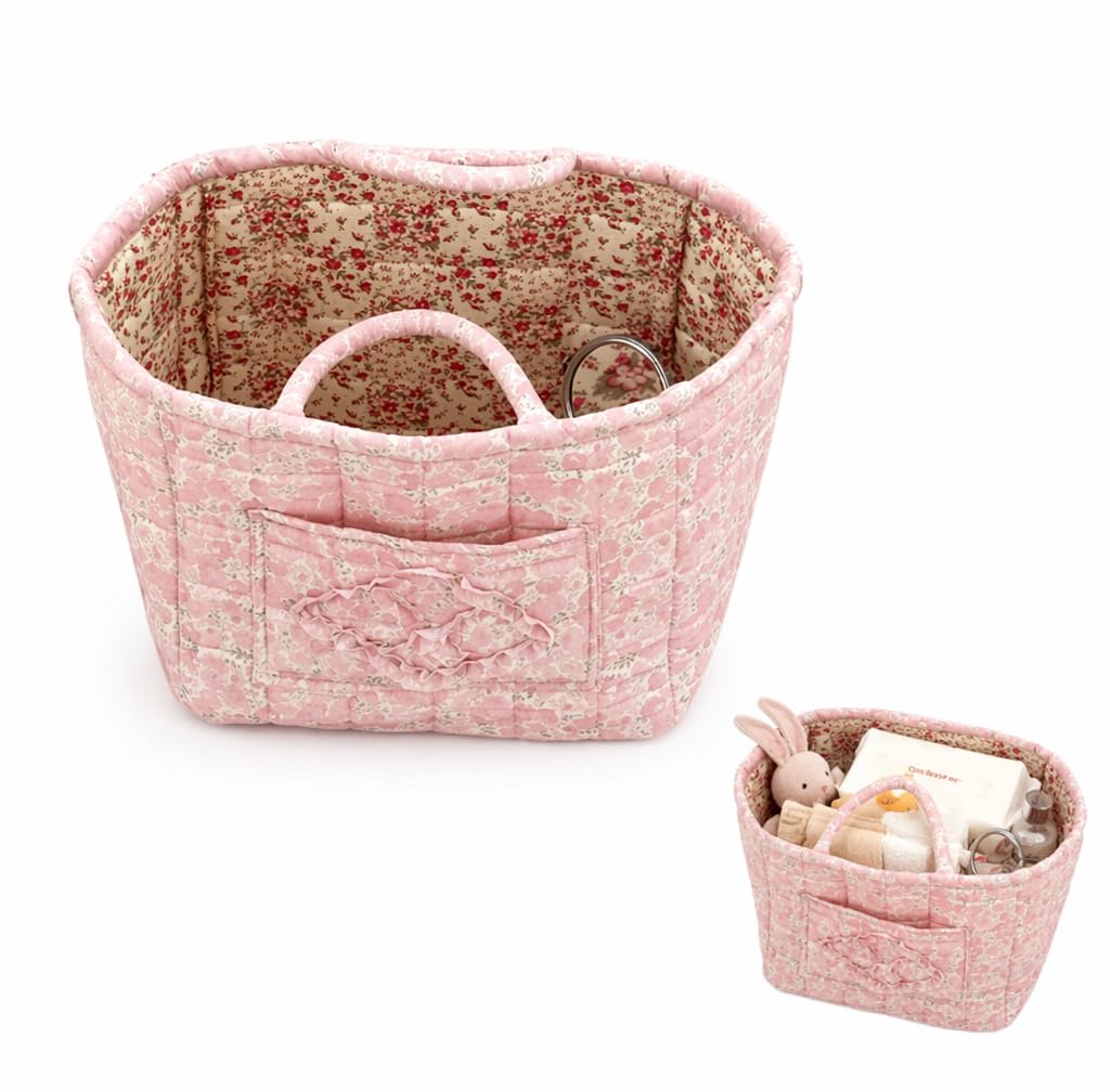 Quilted Storage Basket, Fabric Storage Basket, Boho Storage Basket, Laundry Basket, Foldable Floral Quilted Bin with Handles Pocket Large Capacity for Clothes Books Picnic Sundries Multi Scene Decor