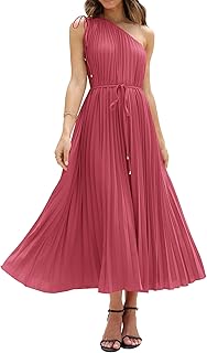 Women's Drawstring One Shoulder Maxi Dresses Summer Sleeveless Tie Waist Pleated Long Flowy Party Cocktail Dress - Buy now