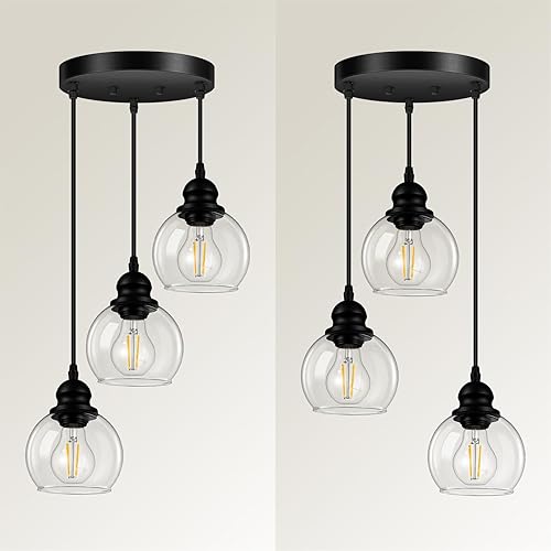 Miniatura 2 de Luces colgantes para isla de cocina, lámpara colgante negra con pantalla de cristal, lámpara colgante ajustable de 3 luces para cocina, sala de