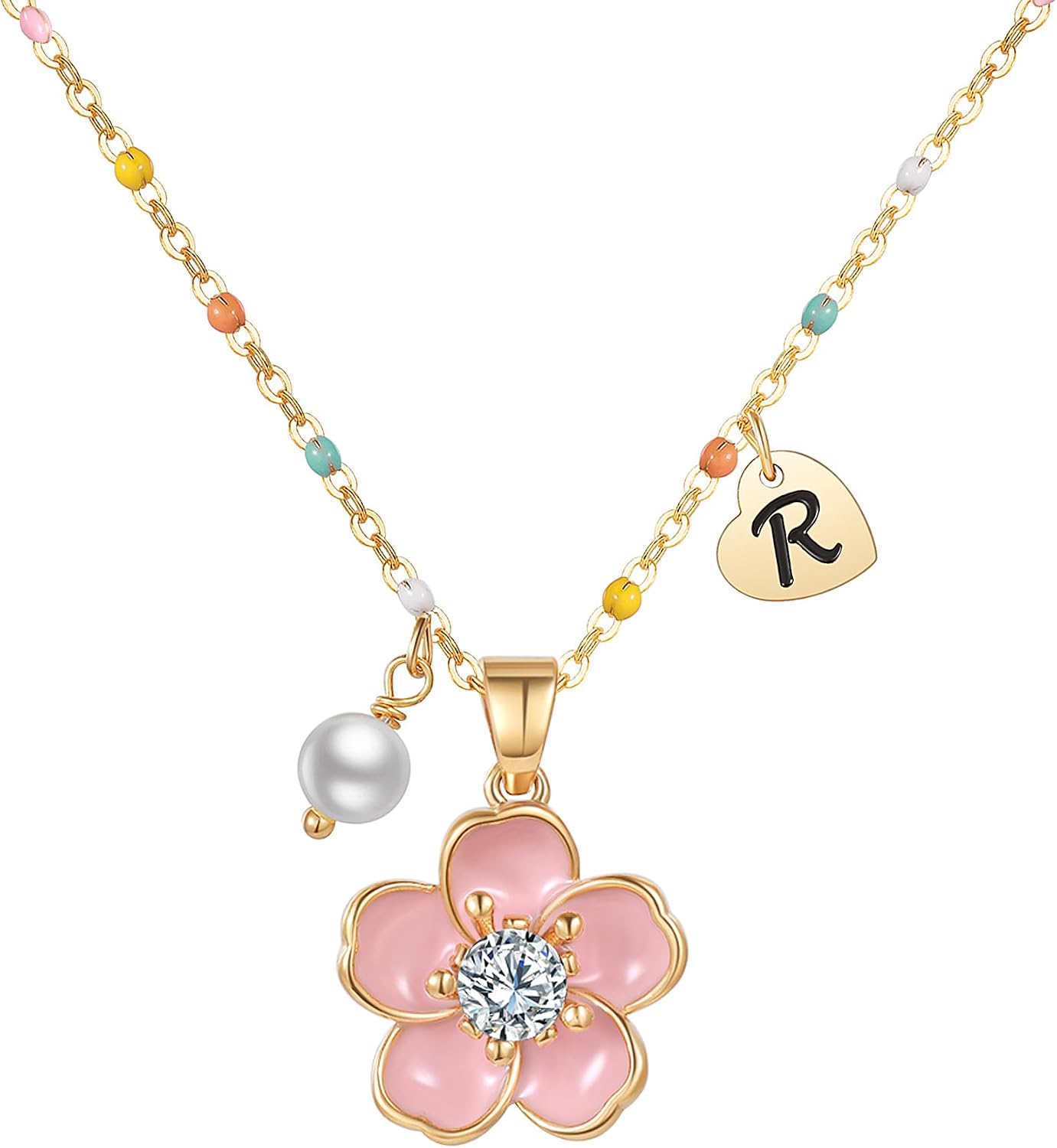DS Valentines Day Gifts for Kids 18K Gold Plated Stainless Steel Heart Initial Letter Flower Pearl Charm Pendant Necklaces for Girl Personalized Wedding Proposal Bridal Shower Party Jewelry Gift