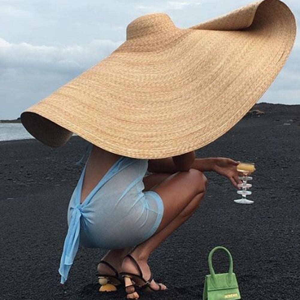 Chapeau de paille surdimensionné pour femme, chapeau de paille de soleil avec large bord anti-UV, chapeau d'été pliable (56-58 cm)