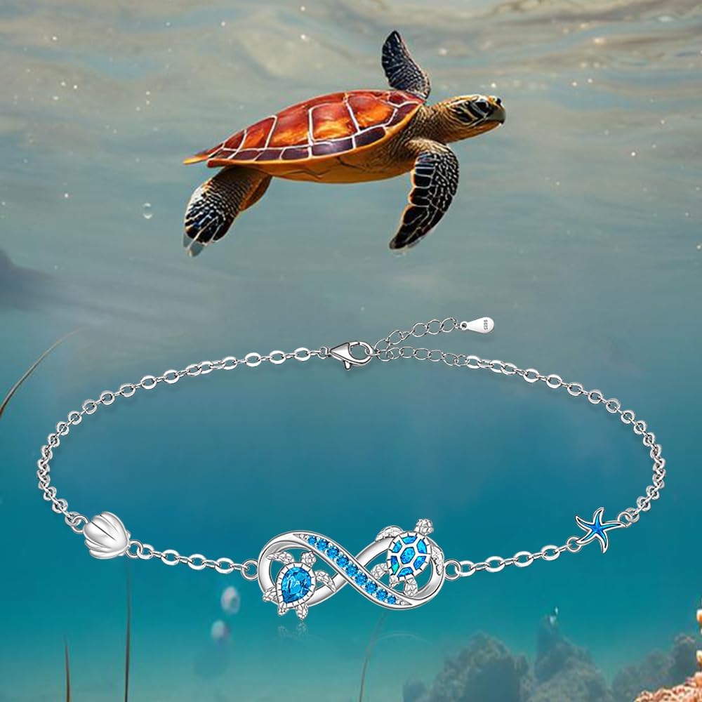 Infinity Turtle Bracelet Blue Opal Sea Turtle Bracelets for Women Sterling Silver Jewelry Chain Adjustable Starfish Summer Beach Bangle - Image 4