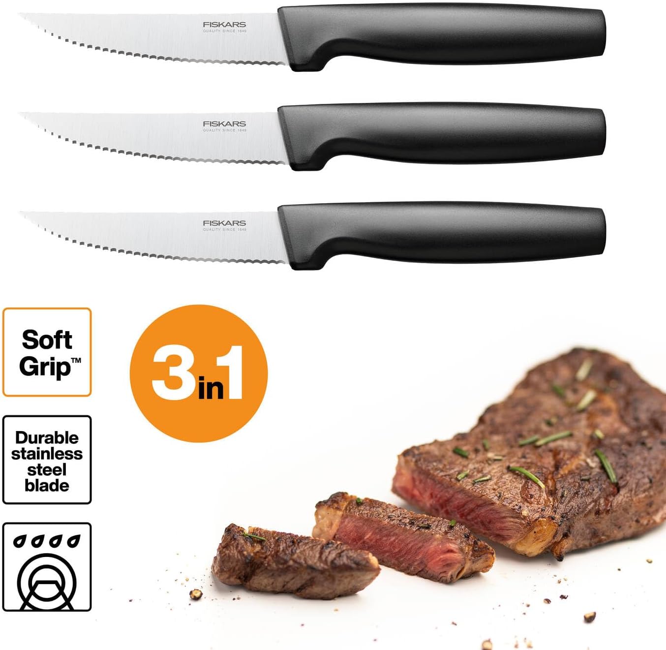 Fiskars Steak Knife Set, 3-Piece, Functional Shape, Stainless Steel/Plastic