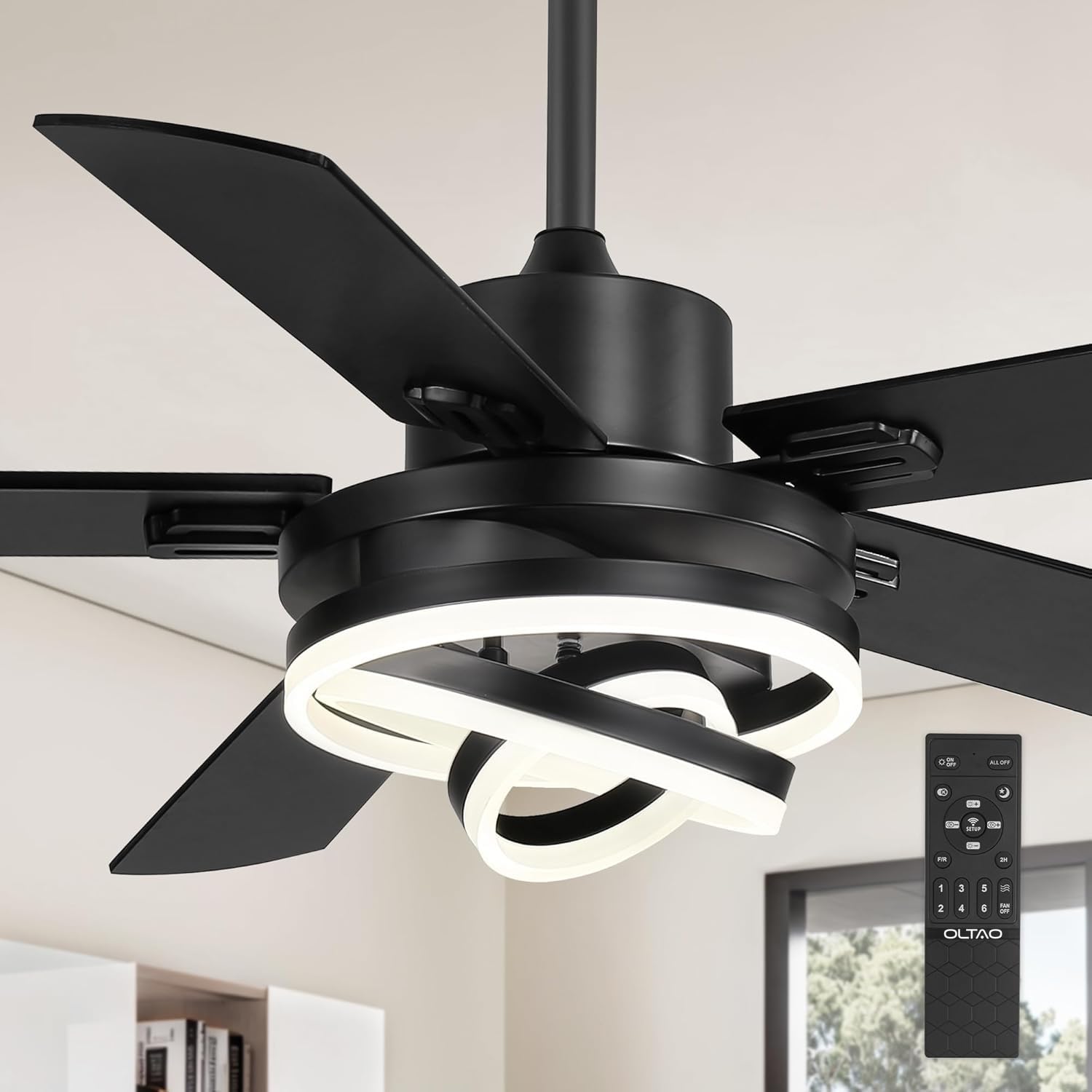 oltao Enigma 52" Modern Ceiling Fans with Lights, Chandelier Fan with 6-Speed Dimmable LED and Quiet Reversible DC Motor with 5 Dual Finish Blades for Bedroom Living Room (Black, 52 Inches)